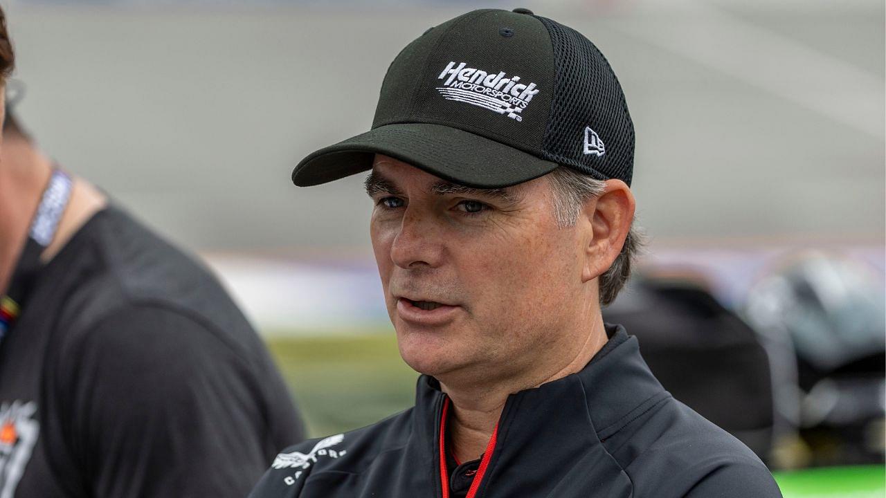Former driver Jeff Gordon talks with the media during Jack Link's 500 qualifying at Talladega Superspeedway.