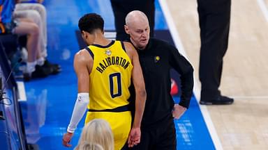 Jun 16, 2025; Oklahoma City, Oklahoma, USA; Indiana Pacers guard Tyrese Haliburton (0) comes off the floor past head coach Rick Carlisle in the first quarter against the Oklahoma City Thunder during game five of the 2025 NBA Finals at Paycom Center. Mandatory Credit: Alonzo Adams-Imagn Images