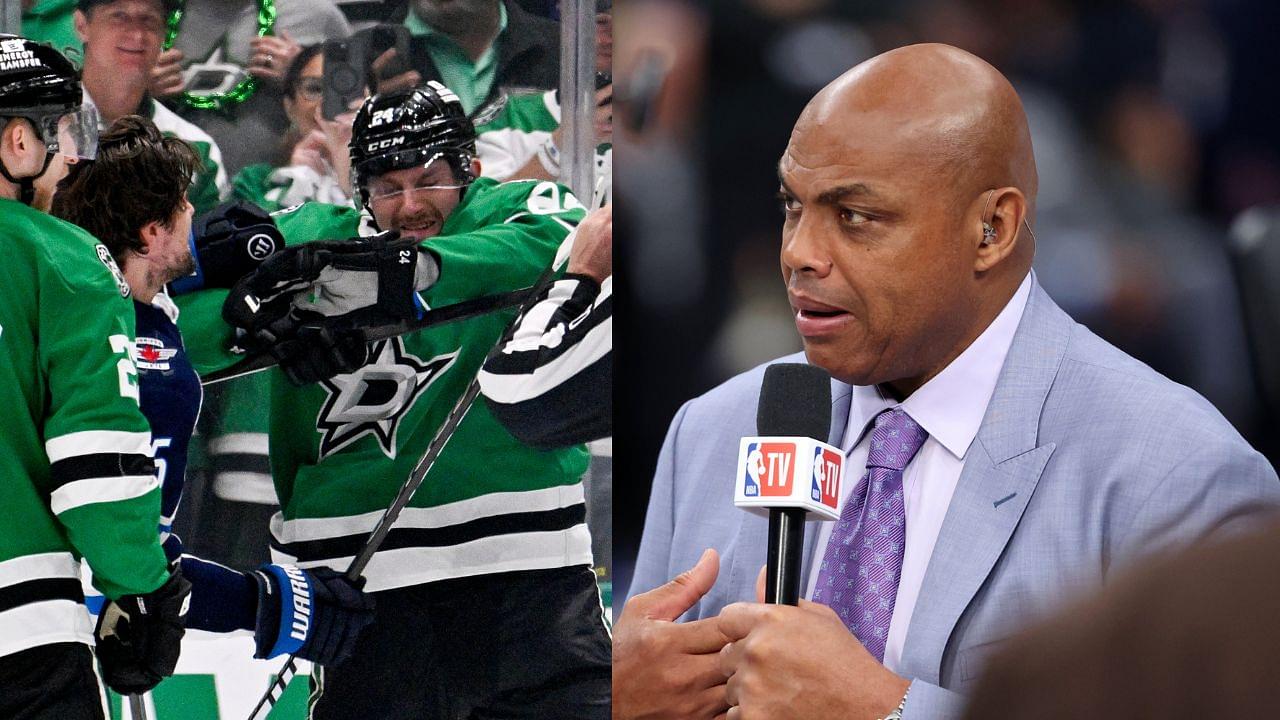 Mark Scheifele of the Winnipeg Jets fights with Roope Hintz of the Dallas Star (L), Charles Barkley (R)