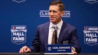 Former driver Carl Edwards speaks with the media after being inducted into the NASCAR Hall Of Fame at Charlotte Convention Center Crown Ballroom.
