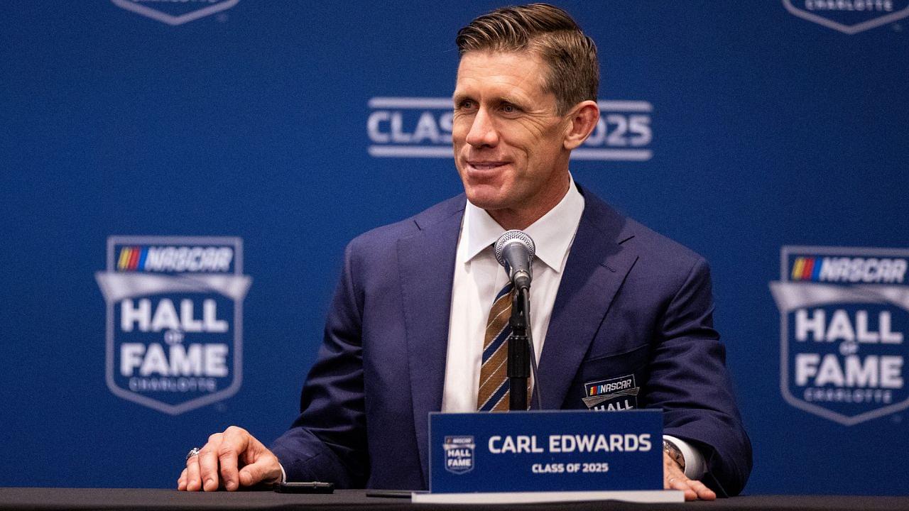 Former driver Carl Edwards speaks with the media after being inducted into the NASCAR Hall Of Fame at Charlotte Convention Center Crown Ballroom.