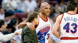 Philadelphia 76ers forward Charles Barkley (32) hugs coach Jim Lynam (left) against the Chicago Bulls at the Spectrum.