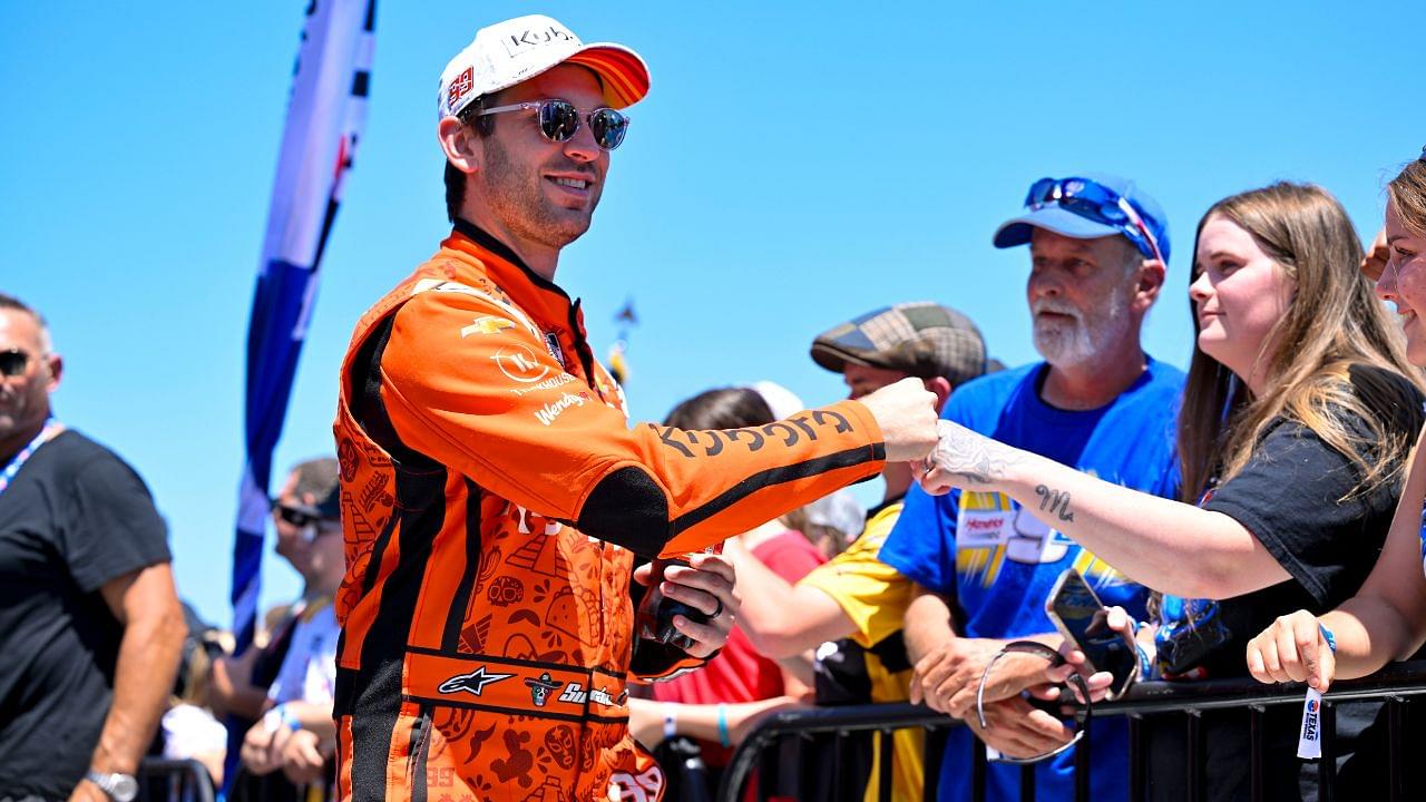 NASCAR Cup Series driver Daniel Suarez (99) is introduced before the start of the Wurth 400 race at Texas Motor Speedway.