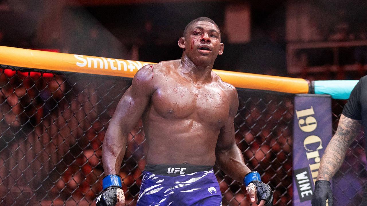 Joaquin Buckley stands bloodied during his fight against Kamaru Usman in a Welterweight fight during the UFC Fight Night event