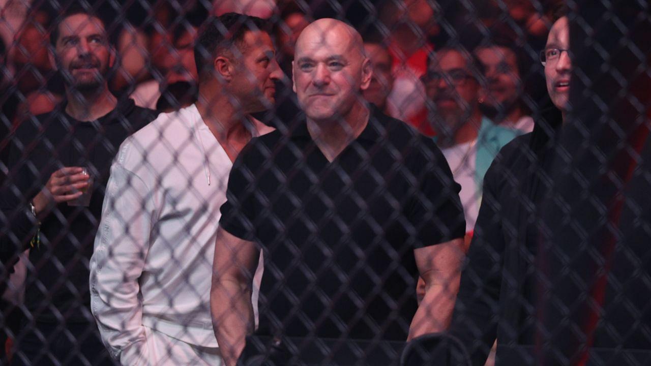UFC CEO Dana White watches the fight between Cub Swanson (red gloves) and Billy Quarantillo (blue gloves) at Amalie Arena.