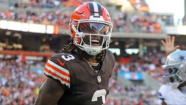 Cleveland Browns wide receiver Jerry Jeudy (3) celebrates after scoring his first touchdown as a Brown during the second half of an NFL football game against the Dallas Cowboys at Huntington Bank Field, Sunday, Sept. 8, 2024, in Cleveland, Ohio.