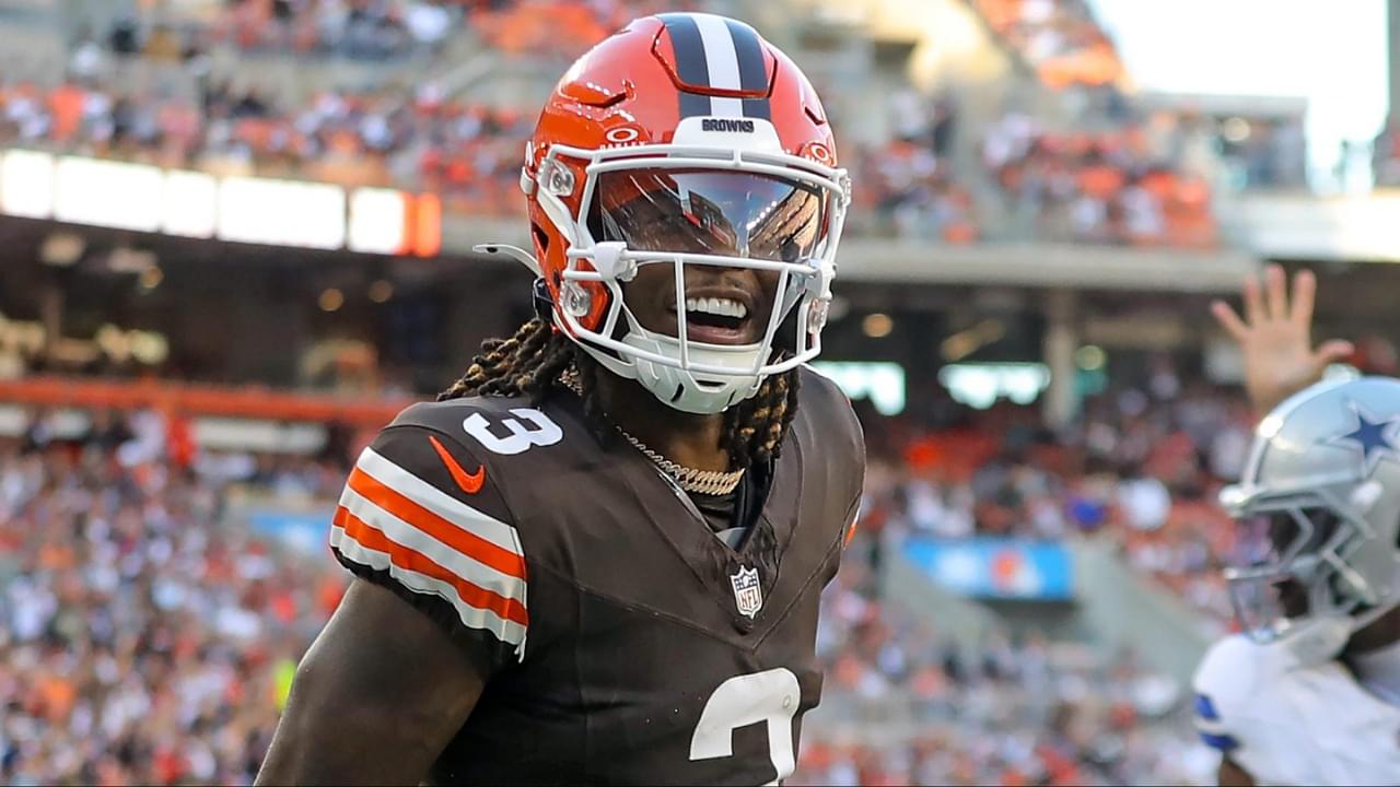 Cleveland Browns wide receiver Jerry Jeudy (3) celebrates after scoring his first touchdown as a Brown during the second half of an NFL football game against the Dallas Cowboys at Huntington Bank Field, Sunday, Sept. 8, 2024, in Cleveland, Ohio.