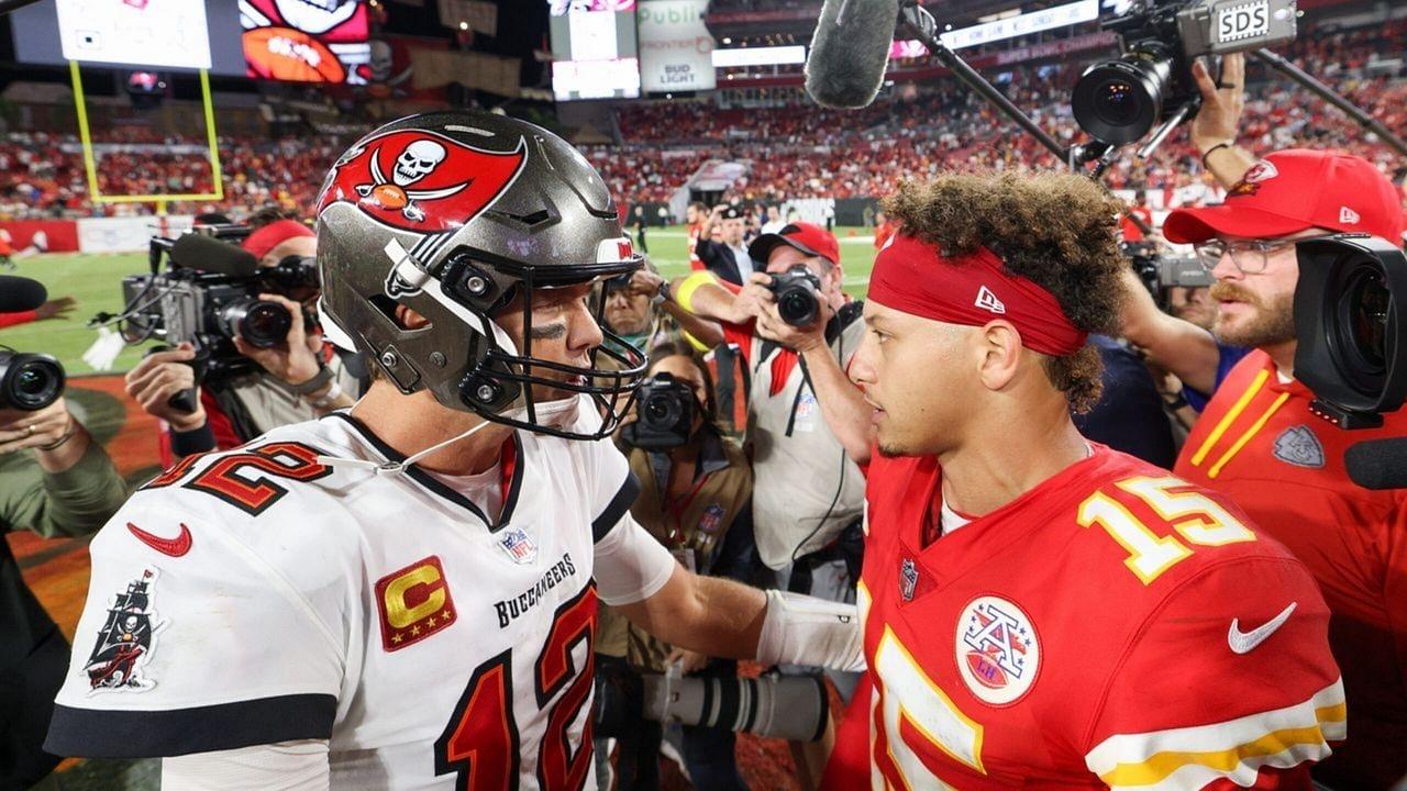 Tampa Bay Buccaneers quarterback Tom Brady (12) greets Kansas City Chiefs quarterback Patrick Mahomes (15) after a game at Raymond James Stadium.