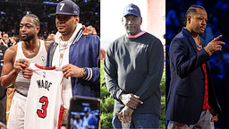 Dwyane Wade and Carmelo Anthony (L); Michael Jordan (C) and Allen Iverson (R)