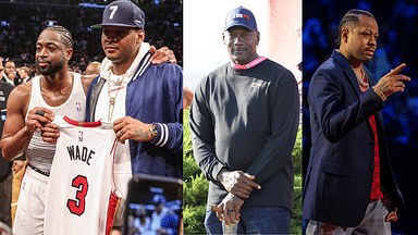 Dwyane Wade and Carmelo Anthony (L); Michael Jordan (C) and Allen Iverson (R)