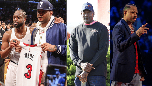 Dwyane Wade and Carmelo Anthony (L); Michael Jordan (C) and Allen Iverson (R)