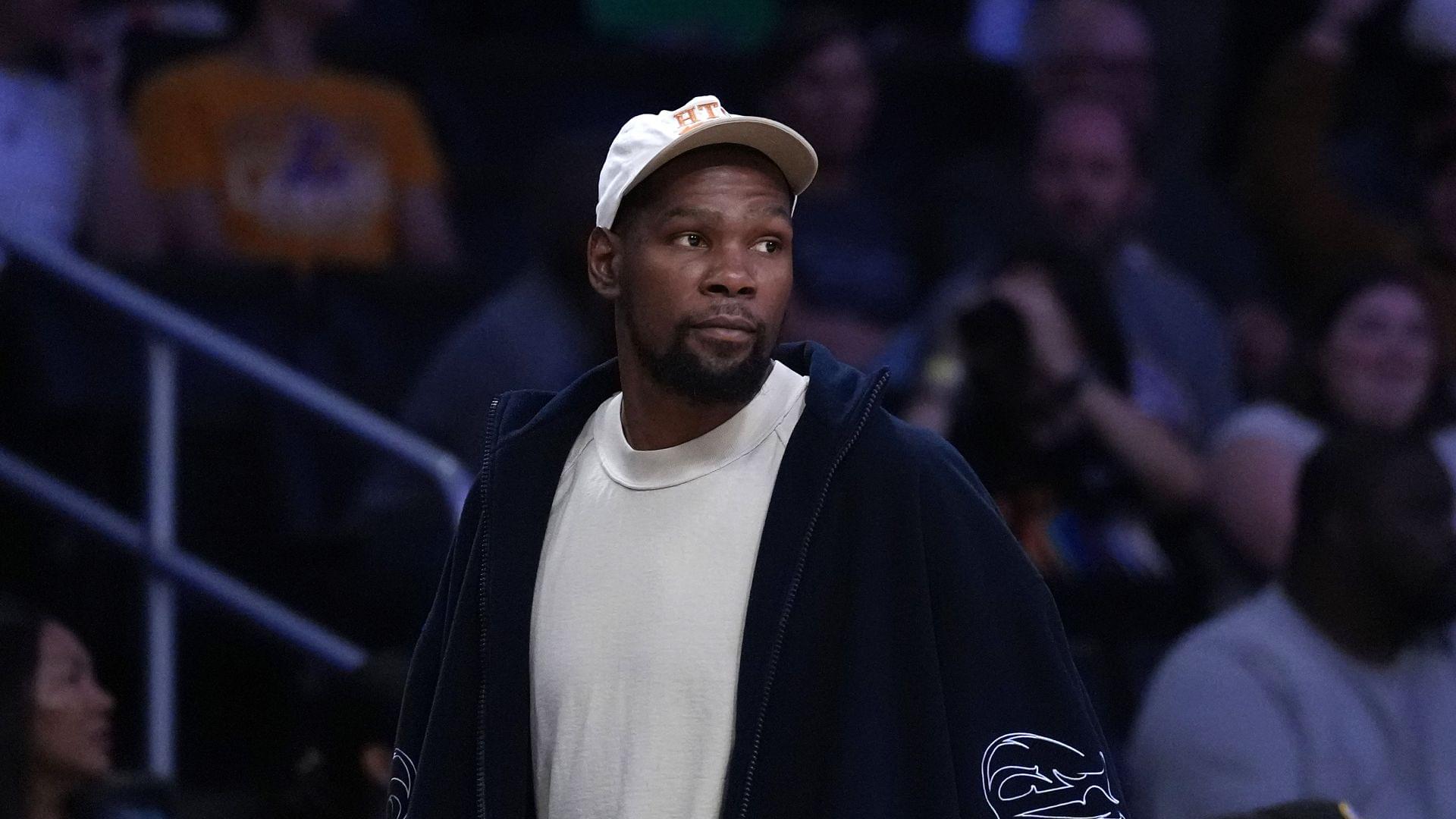 May 27, 2025; Los Angeles, California, USA; Kevin Durant attends a WNBA game between the Atlanta Dream and LA Sparks at Crypto.com Arena