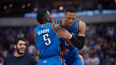 Oklahoma City Thunder guard Russell Westbrook (0) and guard Victor Oladipo (5) celebrate the win over the Dallas Mavericks at the American Airlines Center. The Thunder defeat the Mavericks 92-91.