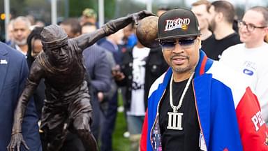 Apr 12, 2024; Camden, NJ, USA; Philadelphia 76ers great Allen Iverson during the unveiling of the statue honoring him in a ceremony at the Philadelphia 76ers Training Complex. Mandatory Credit: Bill Streicher-Imagn Images