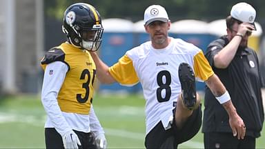 Pittsburgh Steelers quarterback Aaron Rodgers (8) stretches during minicamp at their South Side facility.