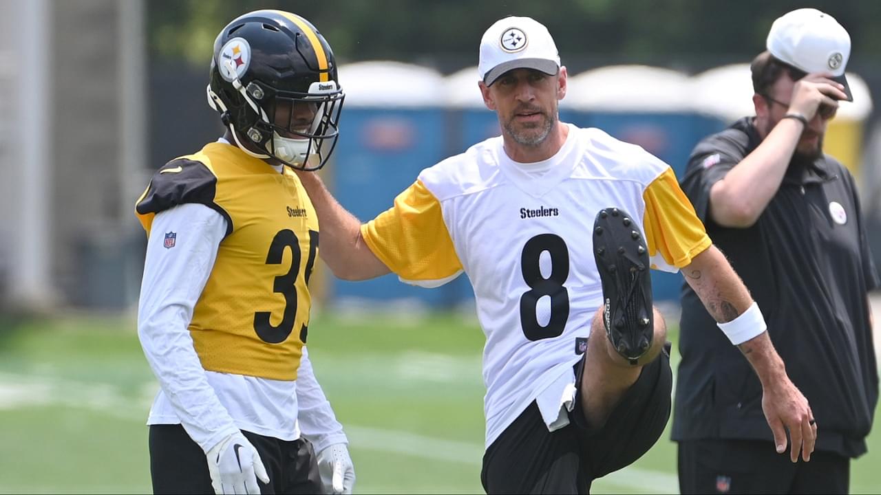 Pittsburgh Steelers quarterback Aaron Rodgers (8) stretches during minicamp at their South Side facility.