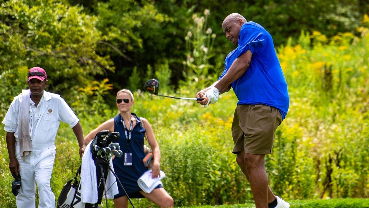 Former NBA player Charles Barkley hits a tee shot during the LIV Invitational Pro-Am at Trump National Golf Club Bedminster.