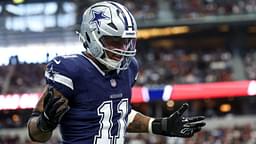 Dallas Cowboys linebacker Micah Parsons (11) celebrates after a sack during the first quarter against the Washington Commanders at AT&T Stadium.