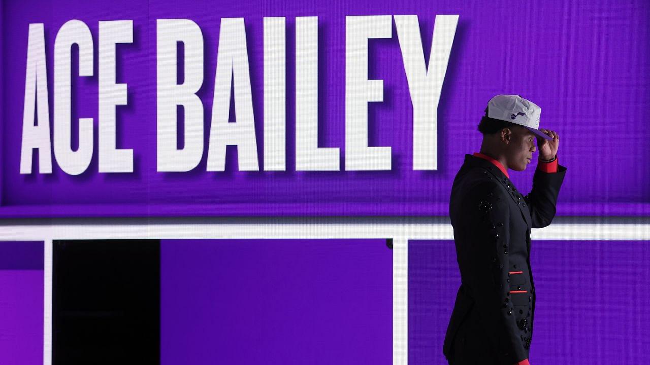 Ace Bailey looks on after being selected as the fifth pick by the Utah in the first round of the 2025 NBA Draft at Barclays Center.