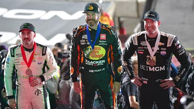 The podium of winning NASCAR Cup Series driver Martin Truex Jr. (19) second place finisher driver Austin Dillon (3) and third place finisher driver Kyle Busch (8) following the Busch Light Clash at the Los Angeles Memorial Coliseum.