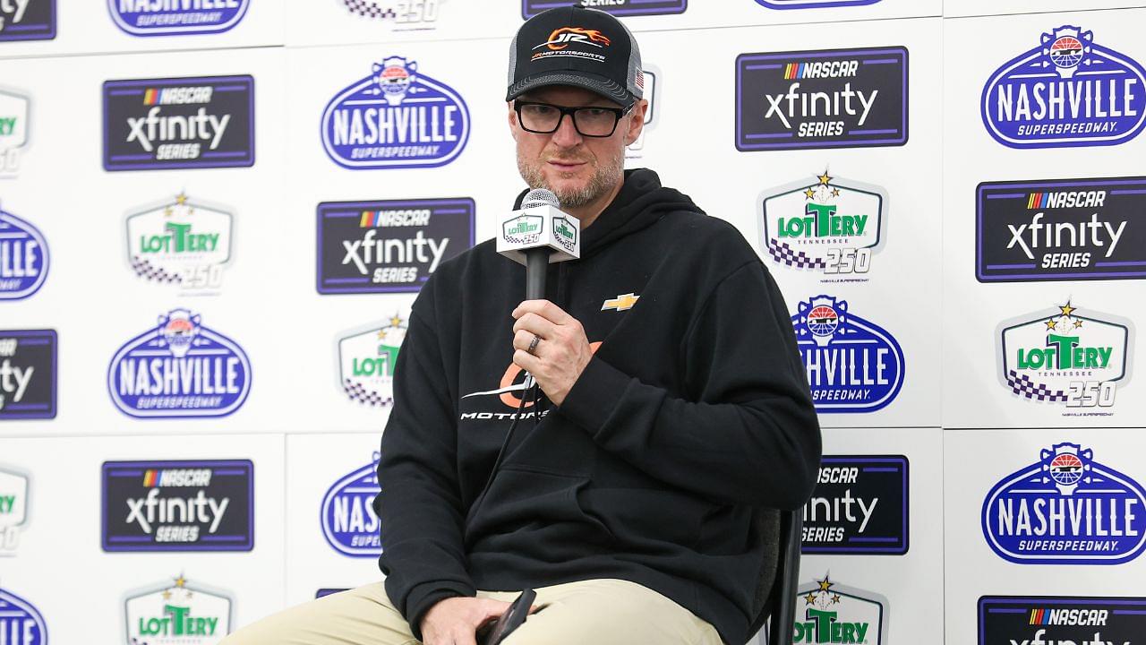 NASCAR Xfinity series car owner Dale Earnhardt Jr. speaks to the media after the Tennessee Lottery 250 at Nashville Superspeedway.