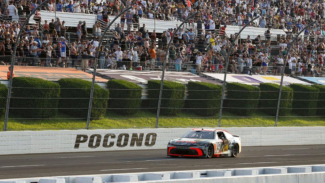 NASCAR Cup Series driver Chase Briscoe (19) celebrates after winning The Great American Getaway 400 at Pocono Raceway.