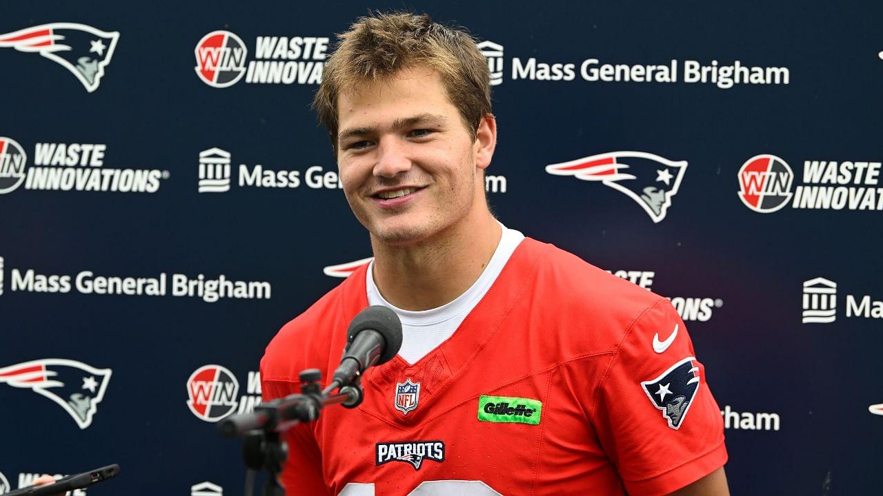 New England Patriots quarterback Drake Maye (10) holds a press conference after minicamp at Gillette Stadium.