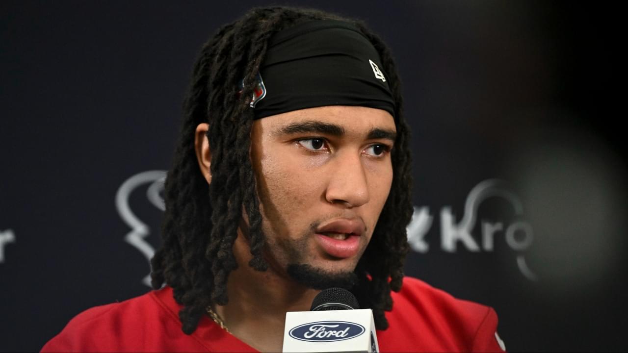 Houston Texans quarterback C.J. Stroud speaks at a press conference after an NFL football minicamp at NRG Stadium.
