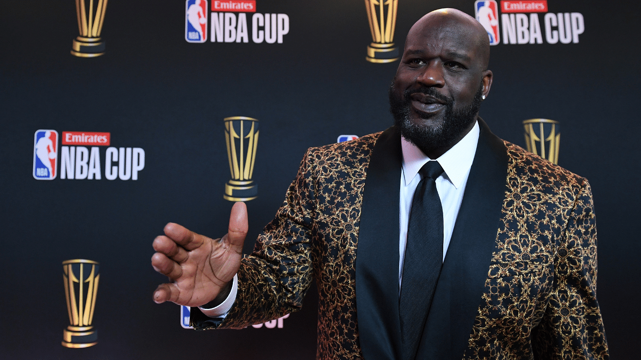 Shaquille O'Neal arrives on the red carpet before the Emirates NBA Cup semifinal game at T-Mobile Arena