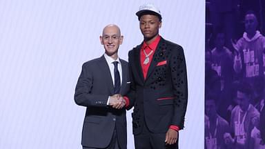 Ace Bailey stands with NBA commissioner Adam Silver after being selected as the fifth pick by the Utah Jazz in the first round of the 2025 NBA Draft at Barclays Center