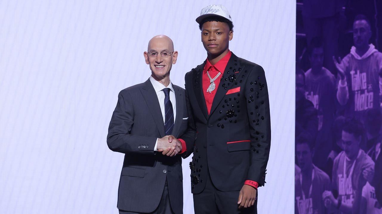 Ace Bailey stands with NBA commissioner Adam Silver after being selected as the fifth pick by the Utah Jazz in the first round of the 2025 NBA Draft at Barclays Center
