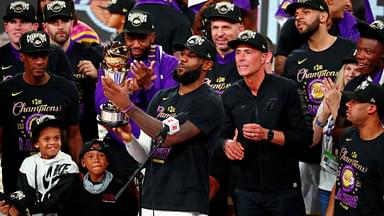 Los Angeles Lakers forward LeBron James (23) holds up the MVP trophy after game six of the 2020 NBA Finals at AdventHealth Arena. The Los Angeles Lakers won 106-93 to win the series.