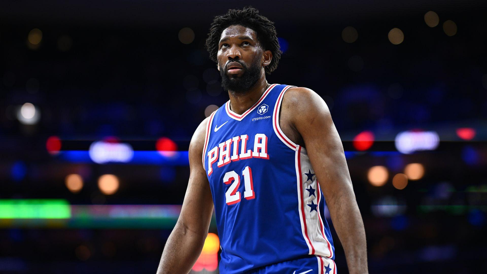 Feb 4, 2025; Philadelphia, Pennsylvania, USA; Philadelphia 76ers center Joel Embiid (21) looks on against the Dallas Mavericks in the third quarter at Wells Fargo Center.