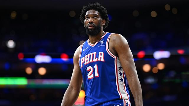 Feb 4, 2025; Philadelphia, Pennsylvania, USA; Philadelphia 76ers center Joel Embiid (21) looks on against the Dallas Mavericks in the third quarter at Wells Fargo Center.