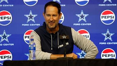 Dallas Cowboys head coach Brian Schottenheimer addresses the media before practice at the Ford Center at the Star Training Facility in Frisco, Texas.