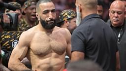 Belal Muhammad (red gloves) prepares to fight Jack Della Maddalena (not pictured) during UFC 315 at Bell Centre.