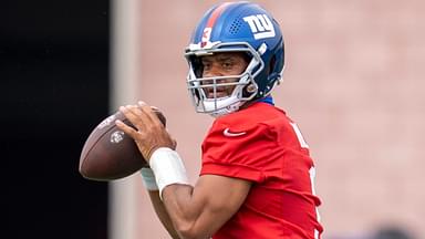 Russell Wilson, quarterback with the NY Giants, is shown during a practice at Quest Diagnostics Training Center, East Rutherford, NJ, May 28, 2025.