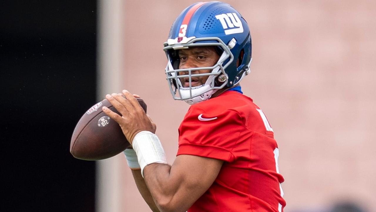 Russell Wilson, quarterback with the NY Giants, is shown during a practice at Quest Diagnostics Training Center, East Rutherford, NJ, May 28, 2025.