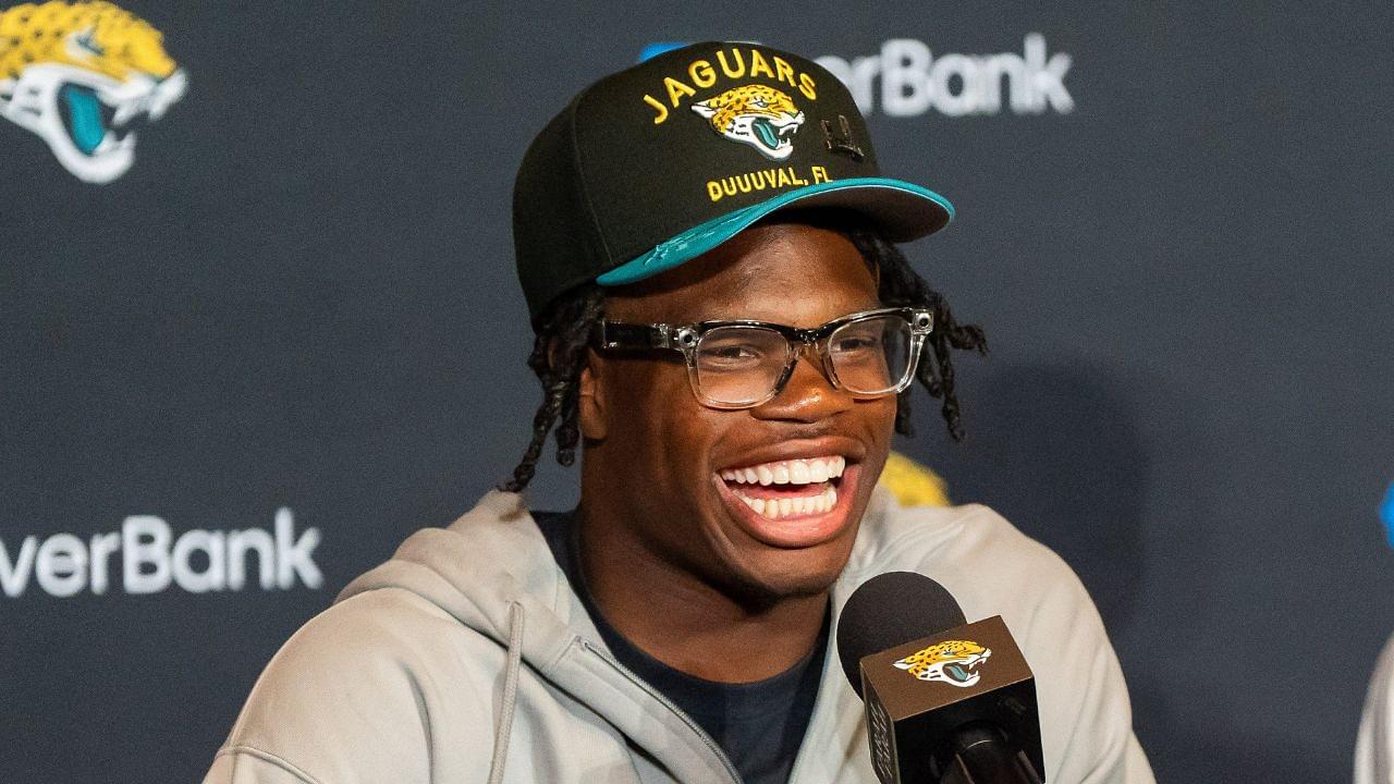 The Jacksonville Jaguars first-round pick, Colorado Buffaloes wide receiver and defensive back Travis Hunter answers questions during a press conference