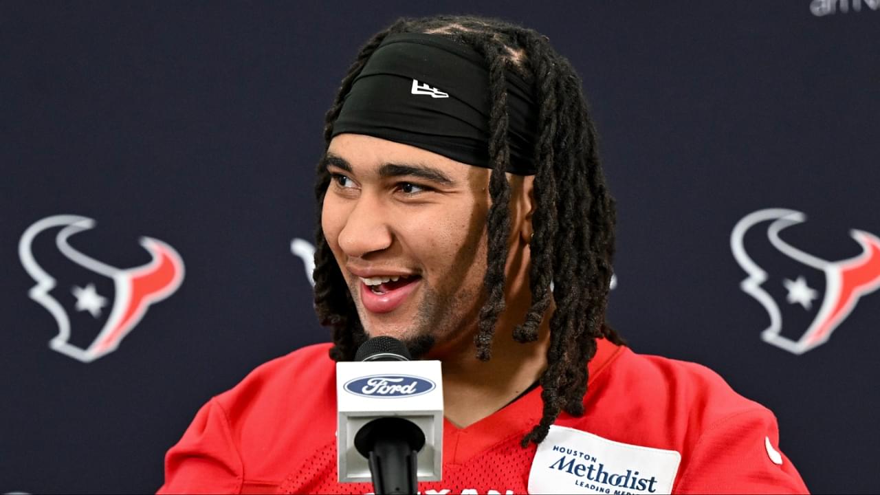 Houston Texans quarterback C.J. Stroud speaks at a press conference after an NFL football minicamp at NRG Stadium.