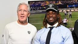 Las Vegas Raiders head coach Pete Carroll, Ashton Jeanty and general manager John Spytek pose after a news conference introducing Jeanty as the first round draft pick in the 2025 NFL Draft at Intermountain Health Performance Center.
