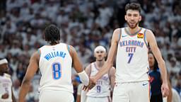May 26, 2025; Minneapolis, Minnesota, USA;Oklahoma City Thunder forward Chet Holmgren (7) reacts with forward Jalen Williams (8) in the second half during game four of the western conference finals for the 2025 NBA Playoffs at Target Center.