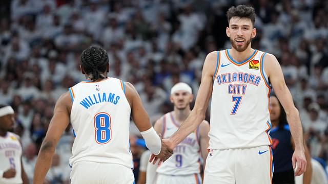 May 26, 2025; Minneapolis, Minnesota, USA;Oklahoma City Thunder forward Chet Holmgren (7) reacts with forward Jalen Williams (8) in the second half during game four of the western conference finals for the 2025 NBA Playoffs at Target Center.