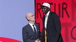 Khaman Maluach stands with NBA commissioner Adam Silver after being selected as the tenth pick by the Houston Rockets in the first round of the 2025 NBA Draft at Barclays Center
