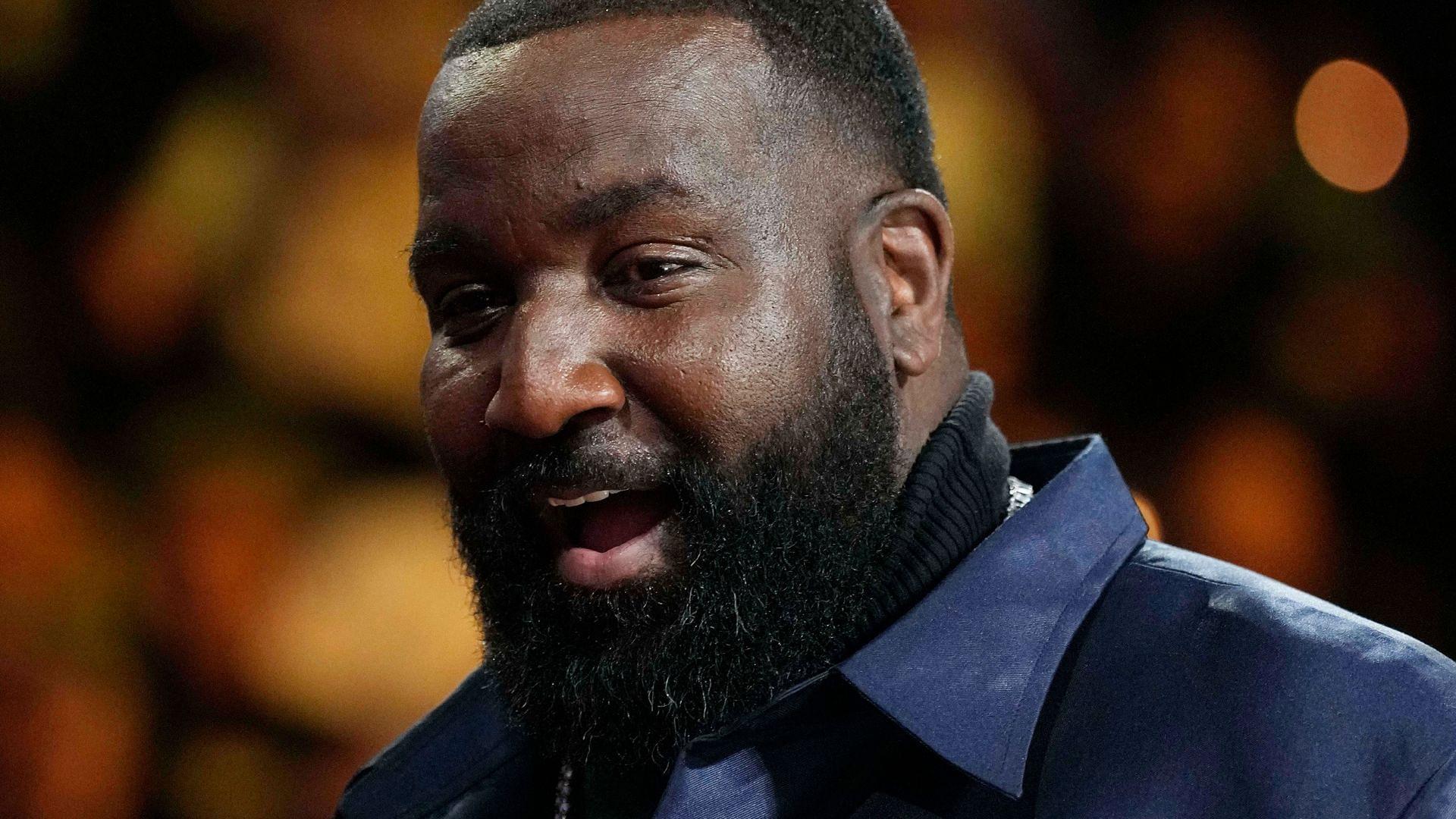 Dec 14, 2024; Las Vegas, Nevada, USA; Former NBA player Kendrick Perkins looks on during the fourth quarter between the Houston Rockets and the Oklahoma City Thunder. in a semifinal of the 2024 Emirates NBA Cup at T-Mobile Arena.