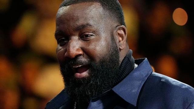 Dec 14, 2024; Las Vegas, Nevada, USA; Former NBA player Kendrick Perkins looks on during the fourth quarter between the Houston Rockets and the Oklahoma City Thunder. in a semifinal of the 2024 Emirates NBA Cup at T-Mobile Arena.