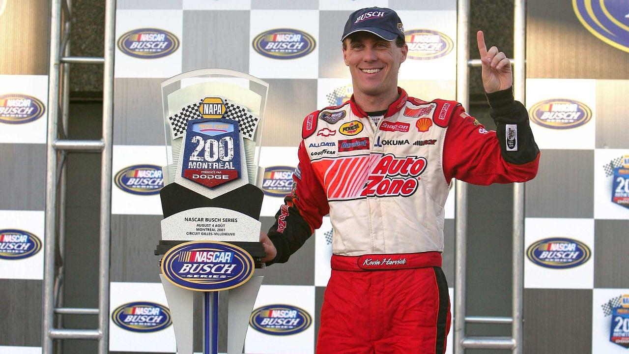 NASCAR Busch Series driver Kevin Harvick (21) celebrates after winning the NAPA Auto Parts 200 at the Circuit Gilles Villeneuve in Montreal, QC.