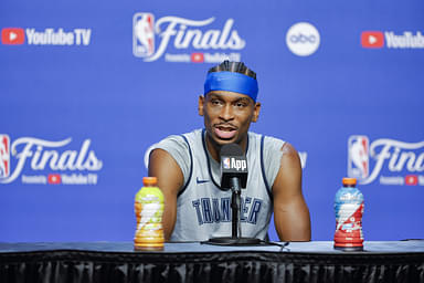 Jun 4, 2025; Oklahoma City, OK, USA; Oklahoma City Thunder guard Shai Gilgeous-Alexander (2) during NBA Finals Media Day at Paycom Center.