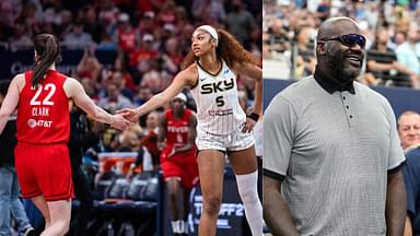 Angel Reese and Caitlin Clark (L), Shaquille O'Neal (R)
