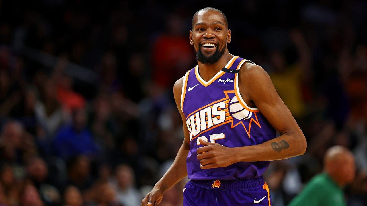 Phoenix Suns forward Kevin Durant (35) celebrates after a play during the fourth quarter against the Milwaukee Bucks at Footprint Center.